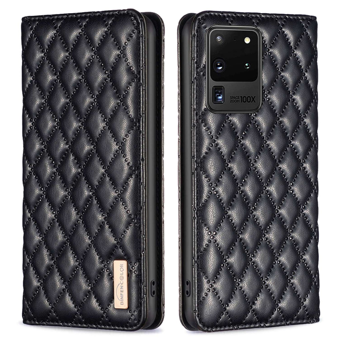 BINFEN COLOR BF Style-16 For Samsung Galaxy S20 Ultra PU Leather Card Holder Phone Case Rhombus Imprinted Magnetic Auto Closing Stand Cover - Black