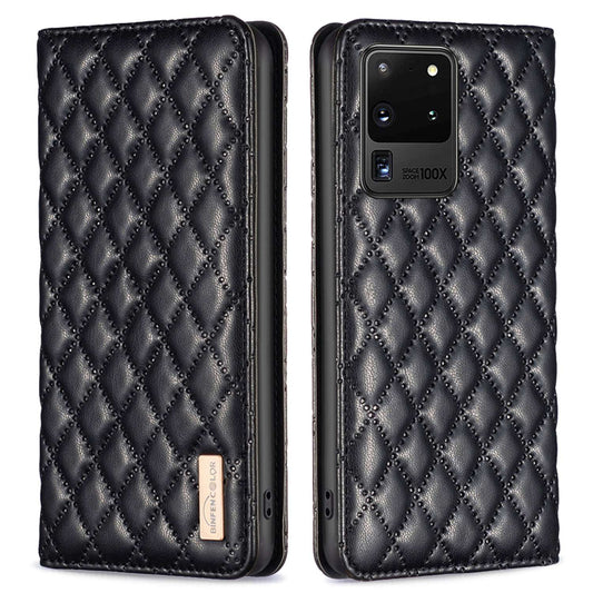 BINFEN COLOR BF Style-16 For Samsung Galaxy S20 Ultra PU Leather Card Holder Phone Case Rhombus Imprinted Magnetic Auto Closing Stand Cover - Black