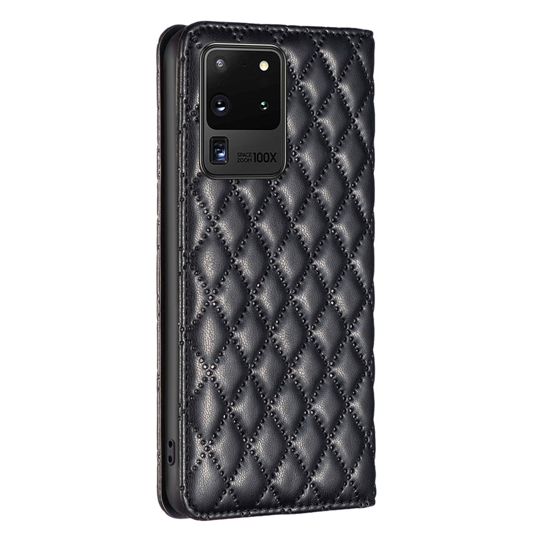 BINFEN COLOR BF Style-16 For Samsung Galaxy S20 Ultra PU Leather Card Holder Phone Case Rhombus Imprinted Magnetic Auto Closing Stand Cover - Black