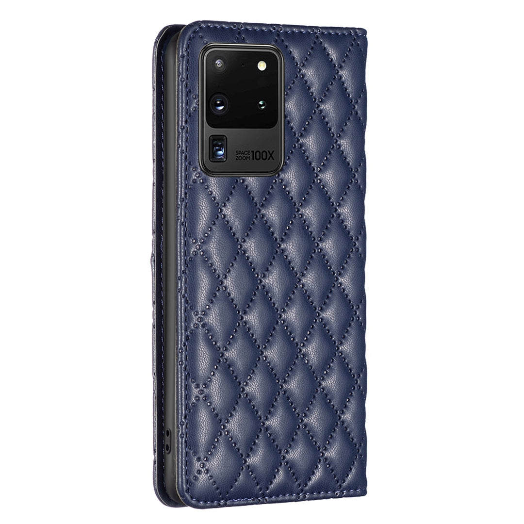 BINFEN COLOR BF Style-16 For Samsung Galaxy S20 Ultra PU Leather Card Holder Phone Case Rhombus Imprinted Magnetic Auto Closing Stand Cover - Blue