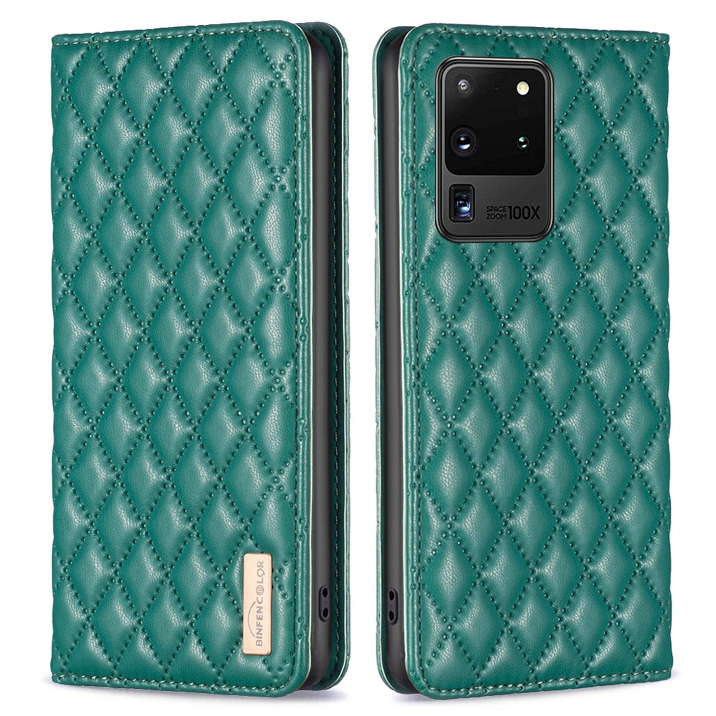 BINFEN COLOR BF Style-16 For Samsung Galaxy S20 Ultra PU Leather Card Holder Phone Case Rhombus Imprinted Magnetic Auto Closing Stand Cover - Green