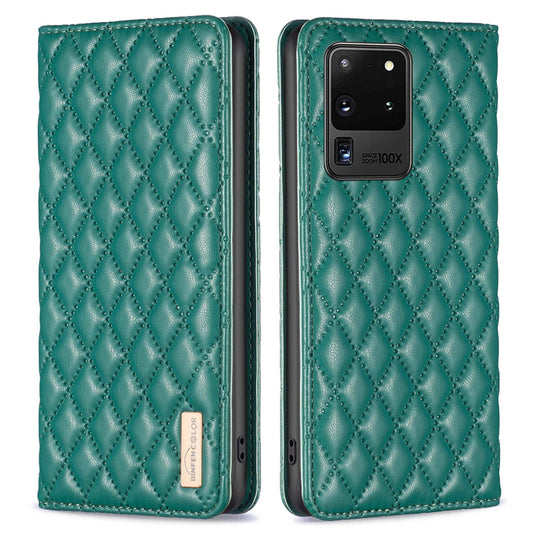 BINFEN COLOR BF Style-16 For Samsung Galaxy S20 Ultra PU Leather Card Holder Phone Case Rhombus Imprinted Magnetic Auto Closing Stand Cover - Green