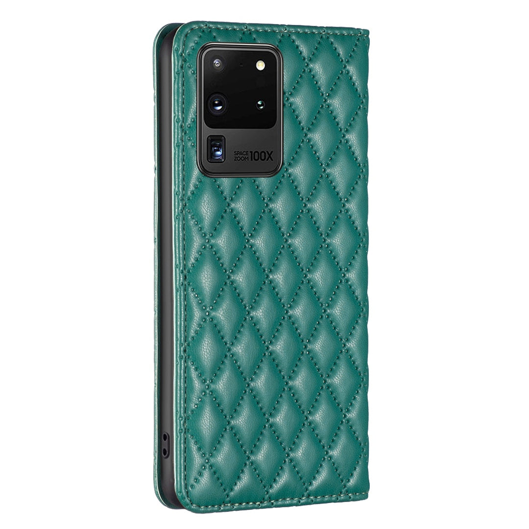 BINFEN COLOR BF Style-16 For Samsung Galaxy S20 Ultra PU Leather Card Holder Phone Case Rhombus Imprinted Magnetic Auto Closing Stand Cover - Green