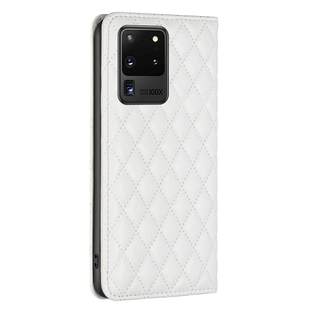 BINFEN COLOR BF Style-16 For Samsung Galaxy S20 Ultra PU Leather Card Holder Phone Case Rhombus Imprinted Magnetic Auto Closing Stand Cover - White