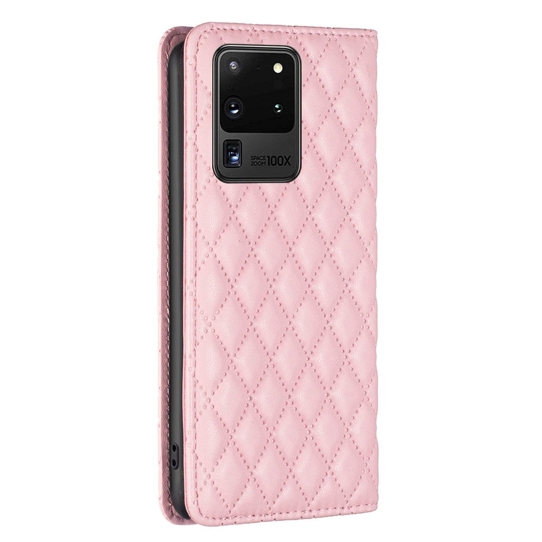 BINFEN COLOR BF Style-16 For Samsung Galaxy S20 Ultra PU Leather Card Holder Phone Case Rhombus Imprinted Magnetic Auto Closing Stand Cover - Pink