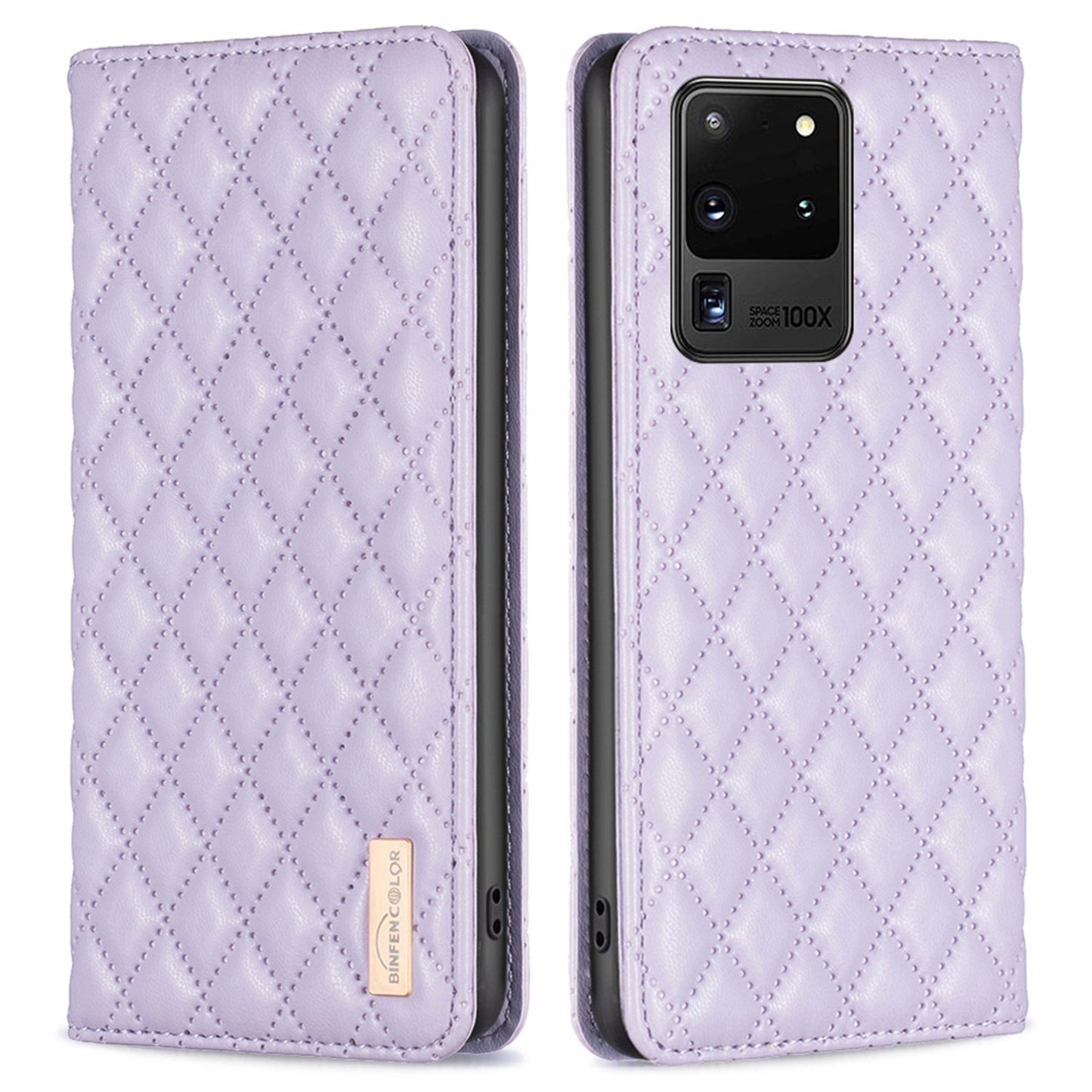 BINFEN COLOR BF Style-16 For Samsung Galaxy S20 Ultra PU Leather Card Holder Phone Case Rhombus Imprinted Magnetic Auto Closing Stand Cover - Purple