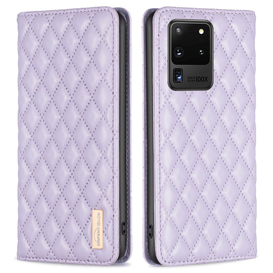 BINFEN COLOR BF Style-16 For Samsung Galaxy S20 Ultra PU Leather Card Holder Phone Case Rhombus Imprinted Magnetic Auto Closing Stand Cover - Purple