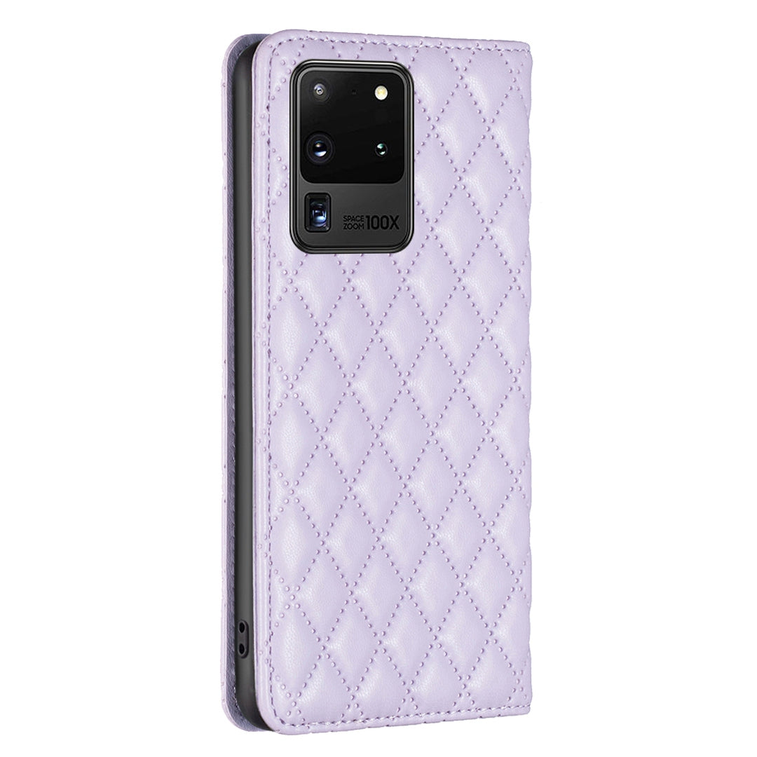 BINFEN COLOR BF Style-16 For Samsung Galaxy S20 Ultra PU Leather Card Holder Phone Case Rhombus Imprinted Magnetic Auto Closing Stand Cover - Purple
