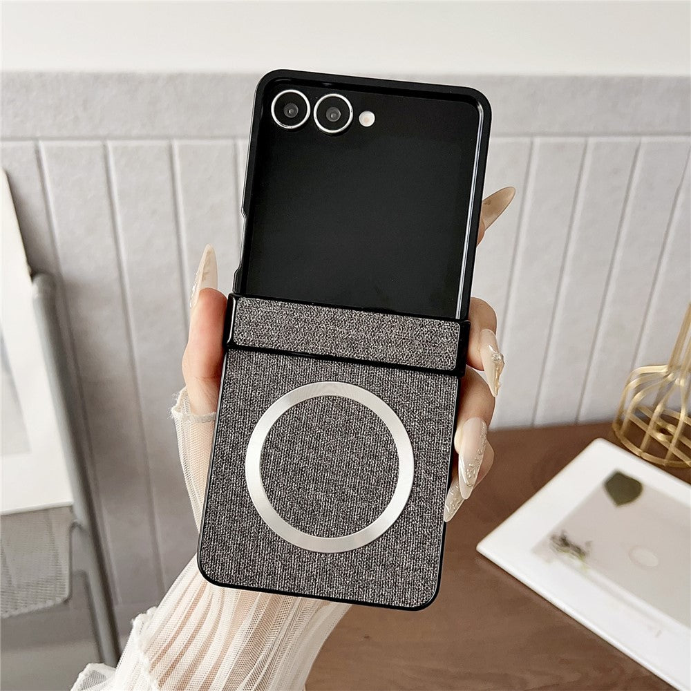 For Samsung Galaxy Z Flip7 5G Case Compatible with MagSafe Cloth Texture PU Leather + PC Phone Back Cover - Grey