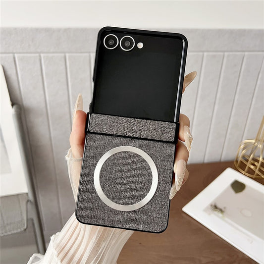 For Samsung Galaxy Z Flip7 5G Case Compatible with MagSafe Cloth Texture PU Leather + PC Phone Back Cover - Grey