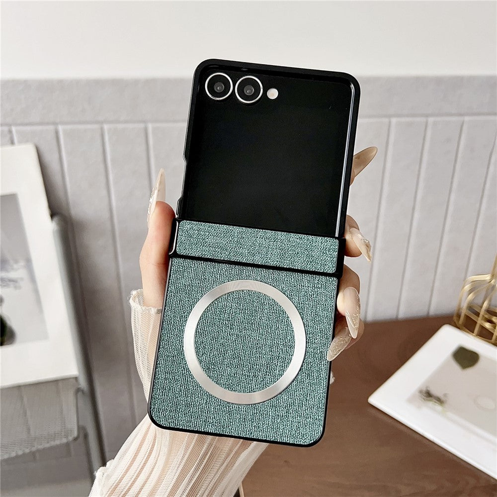 For Samsung Galaxy Z Flip7 5G Case Compatible with MagSafe Cloth Texture PU Leather + PC Phone Back Cover - Green