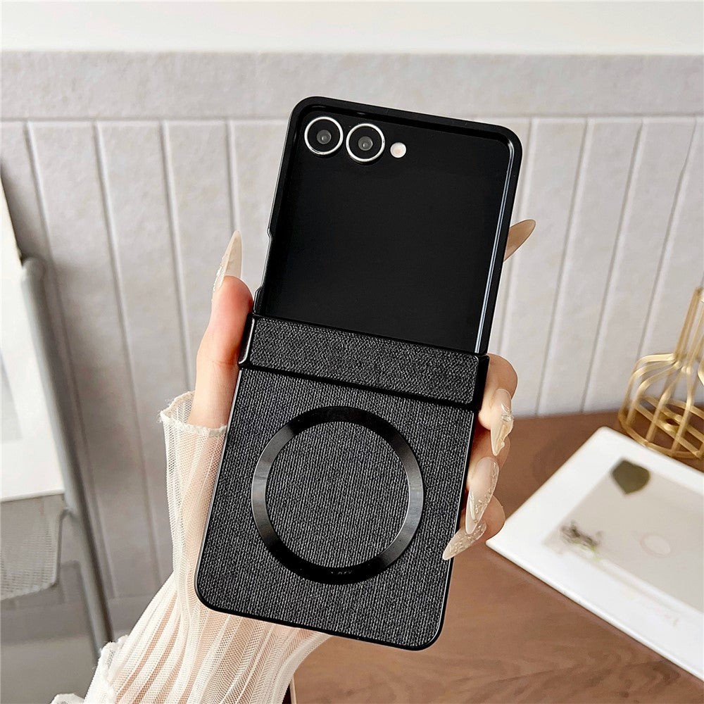 For Samsung Galaxy Z Flip7 5G Case Compatible with MagSafe Cloth Texture PU Leather + PC Phone Back Cover - Black