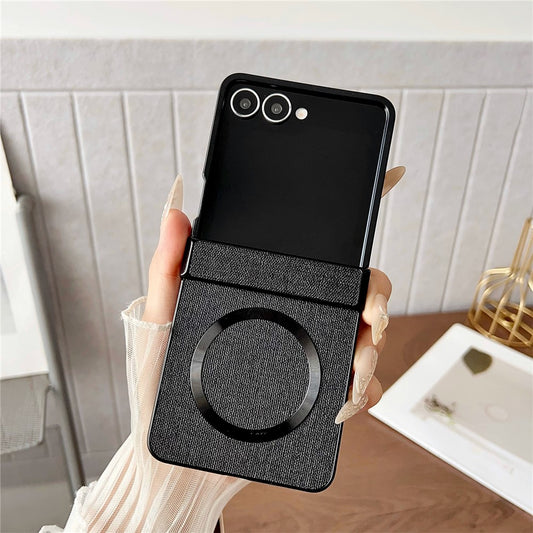 For Samsung Galaxy Z Flip7 5G Case Compatible with MagSafe Cloth Texture PU Leather + PC Phone Back Cover - Black