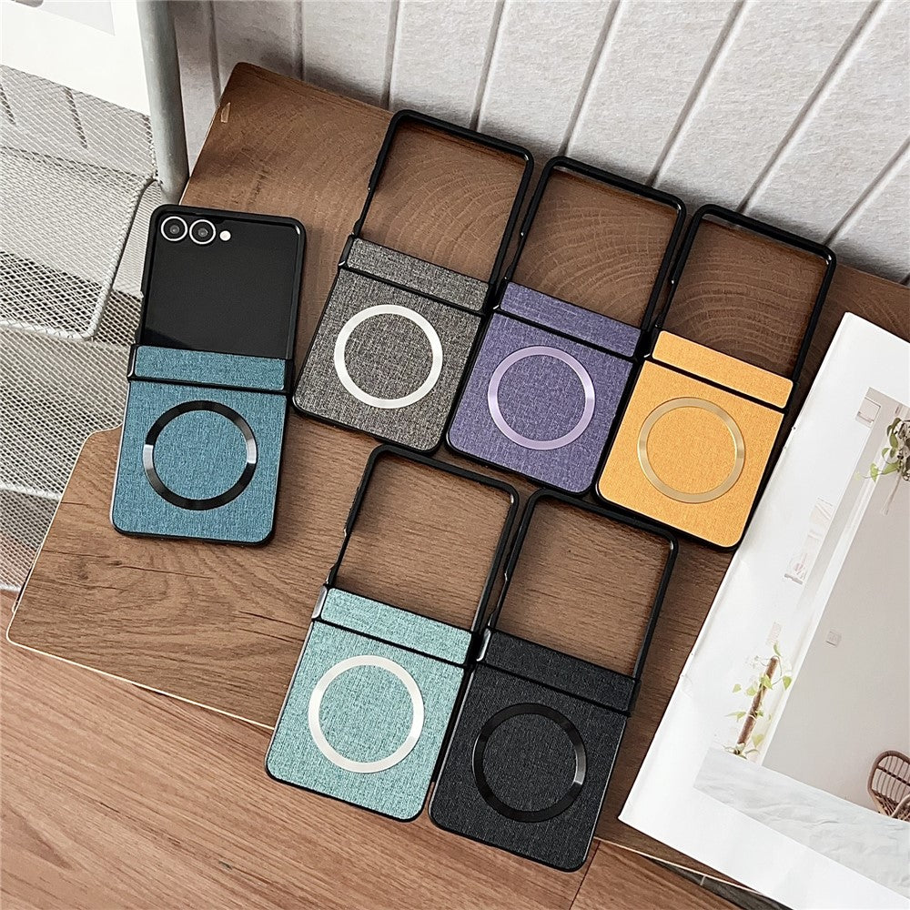 For Samsung Galaxy Z Flip7 5G Case Compatible with MagSafe Cloth Texture PU Leather + PC Phone Back Cover - Black