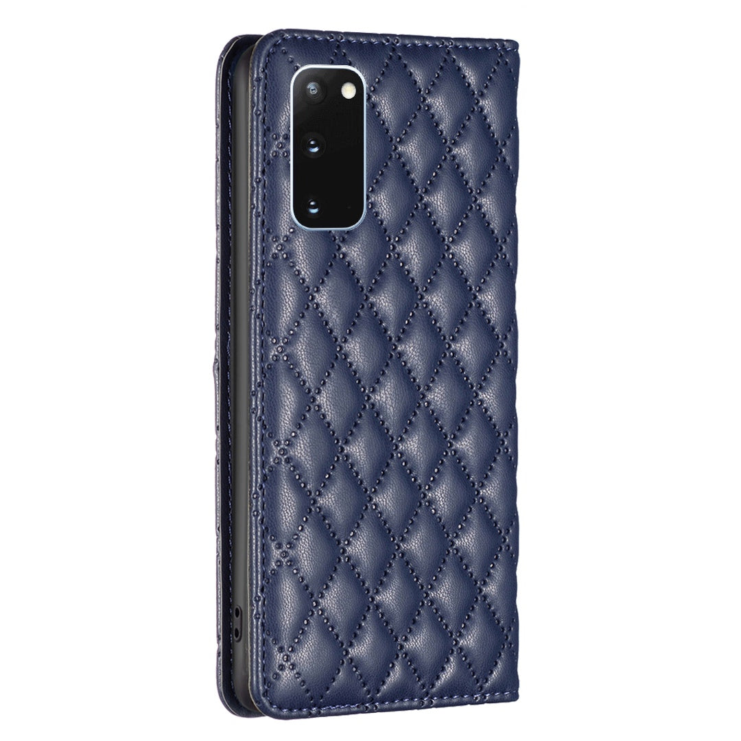 BINFEN COLOR BF Style-16 For Samsung Galaxy S20 4G / 5G Rhombus Imprinted PU Leather Stand Case Anti-scratch Card Holder Phone Cover - Blue