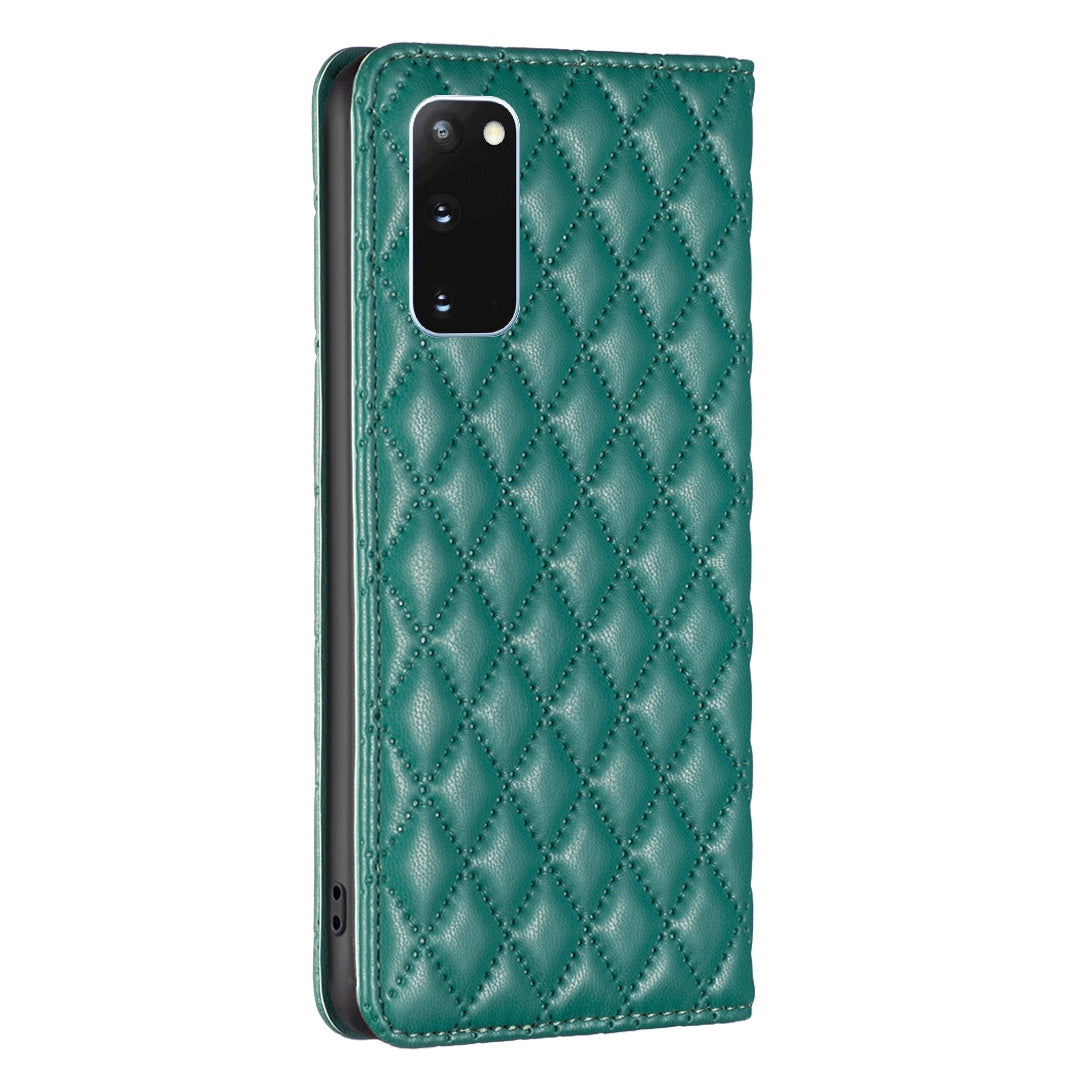 BINFEN COLOR BF Style-16 For Samsung Galaxy S20 4G / 5G Rhombus Imprinted PU Leather Stand Case Anti-scratch Card Holder Phone Cover - Green
