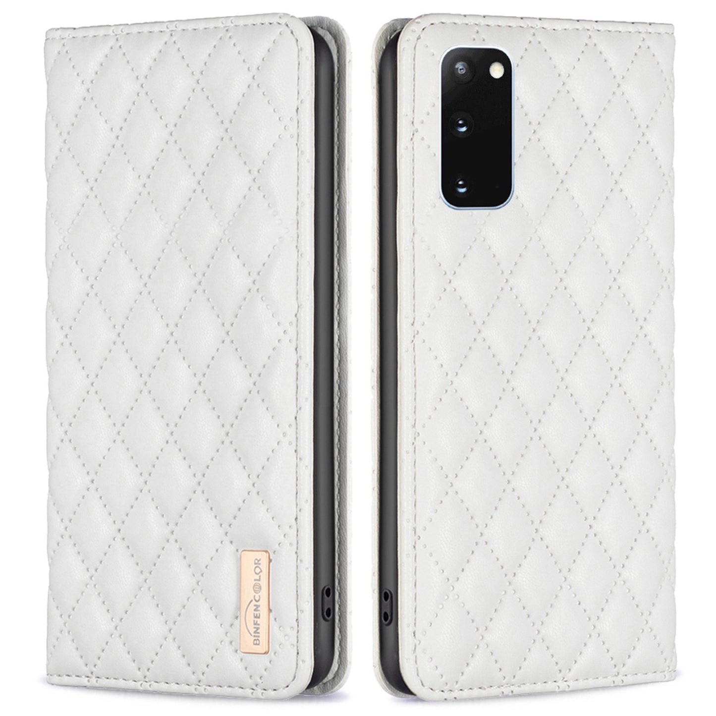 BINFEN COLOR BF Style-16 For Samsung Galaxy S20 4G / 5G Rhombus Imprinted PU Leather Stand Case Anti-scratch Card Holder Phone Cover - White