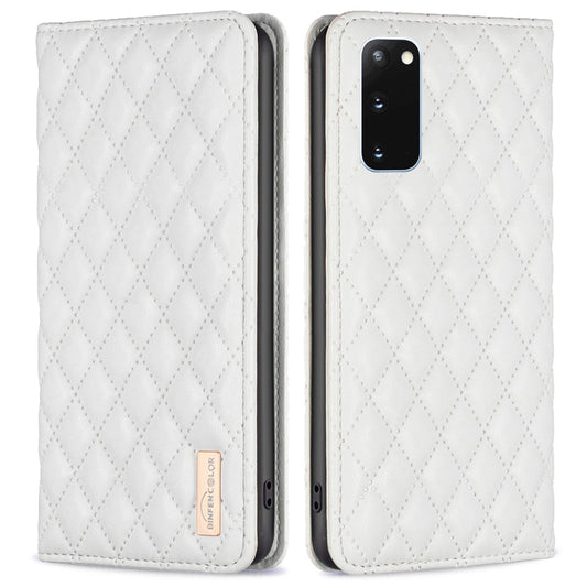 BINFEN COLOR BF Style-16 For Samsung Galaxy S20 4G / 5G Rhombus Imprinted PU Leather Stand Case Anti-scratch Card Holder Phone Cover - White