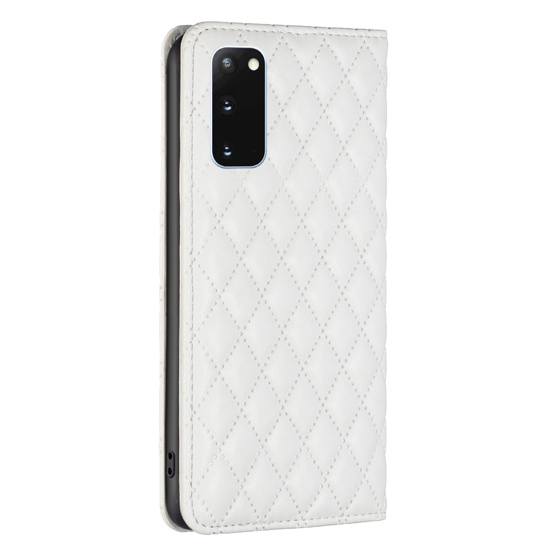 BINFEN COLOR BF Style-16 For Samsung Galaxy S20 4G / 5G Rhombus Imprinted PU Leather Stand Case Anti-scratch Card Holder Phone Cover - White