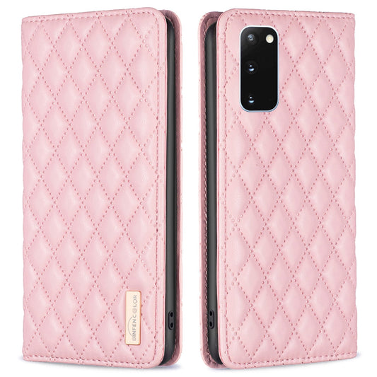 BINFEN COLOR BF Style-16 For Samsung Galaxy S20 4G / 5G Rhombus Imprinted PU Leather Stand Case Anti-scratch Card Holder Phone Cover - Pink