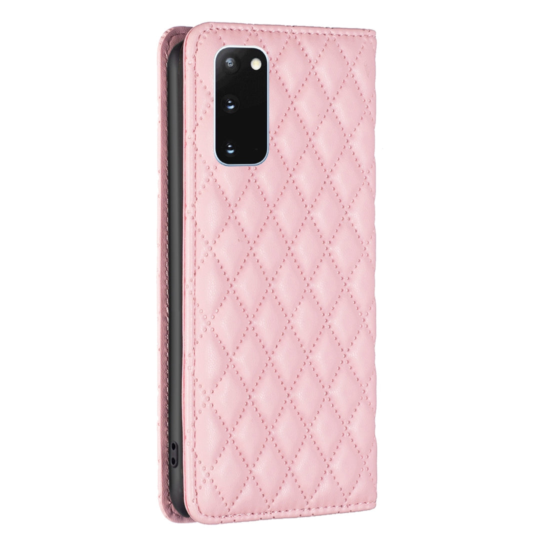 BINFEN COLOR BF Style-16 For Samsung Galaxy S20 4G / 5G Rhombus Imprinted PU Leather Stand Case Anti-scratch Card Holder Phone Cover - Pink