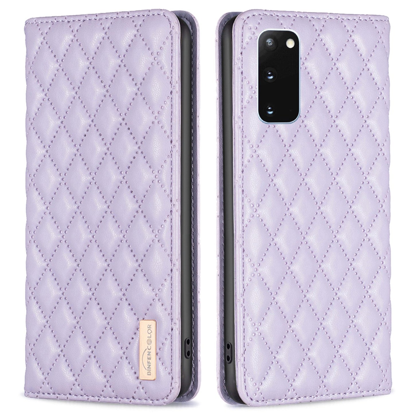 BINFEN COLOR BF Style-16 For Samsung Galaxy S20 4G / 5G Rhombus Imprinted PU Leather Stand Case Anti-scratch Card Holder Phone Cover - Purple