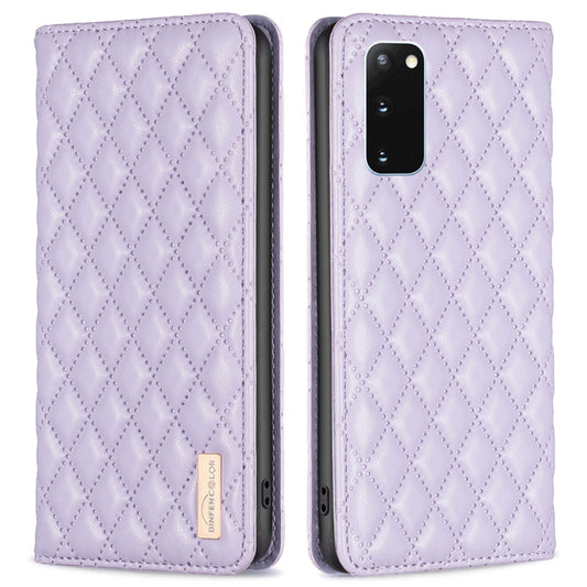 BINFEN COLOR BF Style-16 For Samsung Galaxy S20 4G / 5G Rhombus Imprinted PU Leather Stand Case Anti-scratch Card Holder Phone Cover - Purple