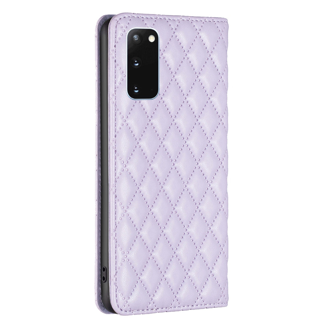 BINFEN COLOR BF Style-16 For Samsung Galaxy S20 4G / 5G Rhombus Imprinted PU Leather Stand Case Anti-scratch Card Holder Phone Cover - Purple