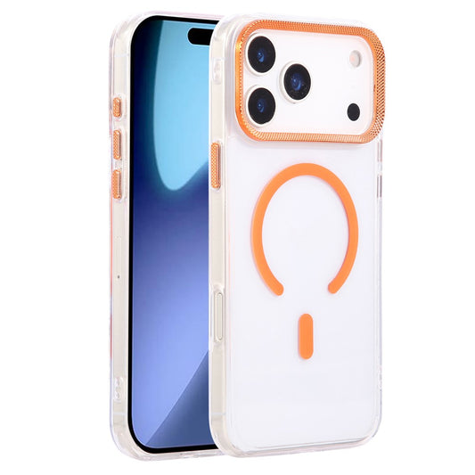 For iPhone 17 Pro Max Case Compatible with MagSafe PC + TPU Clear Phone Cover with Diamond Texture Lens Frame - Orange