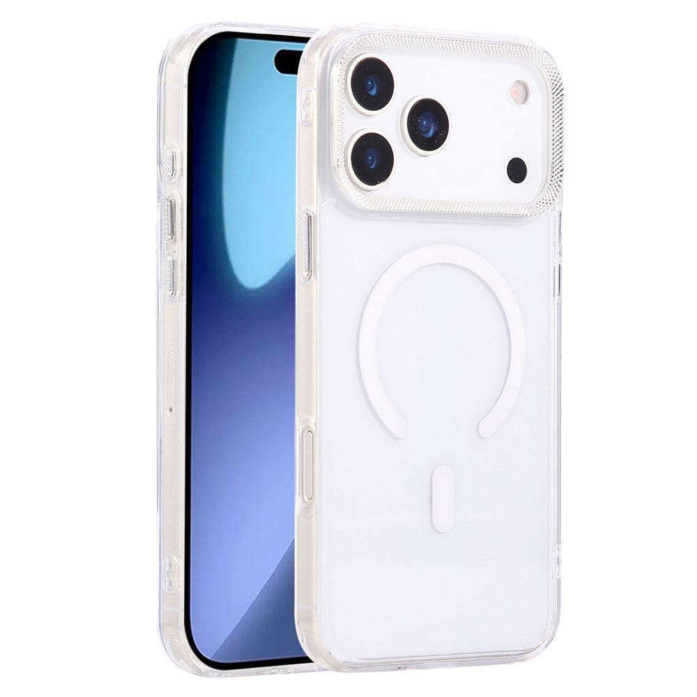 For iPhone 17 Pro Max Case Compatible with MagSafe PC + TPU Clear Phone Cover with Diamond Texture Lens Frame - White