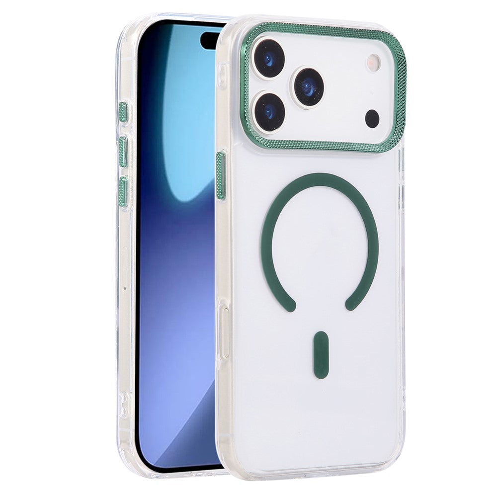 For iPhone 17 Pro Max Case Compatible with MagSafe PC + TPU Clear Phone Cover with Diamond Texture Lens Frame - Midnight Green