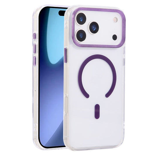 For iPhone 17 Pro Max Case Compatible with MagSafe PC + TPU Clear Phone Cover with Diamond Texture Lens Frame - Purple