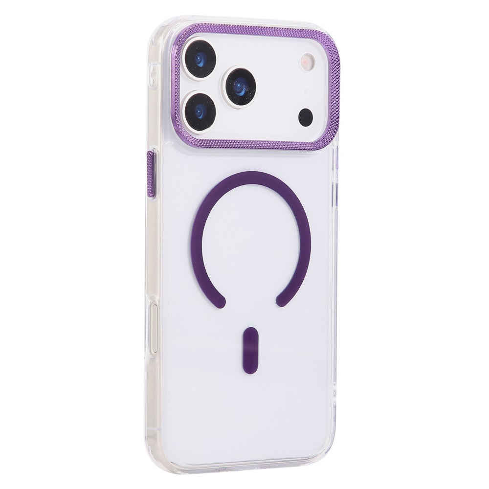 For iPhone 17 Pro Max Case Compatible with MagSafe PC + TPU Clear Phone Cover with Diamond Texture Lens Frame - Purple