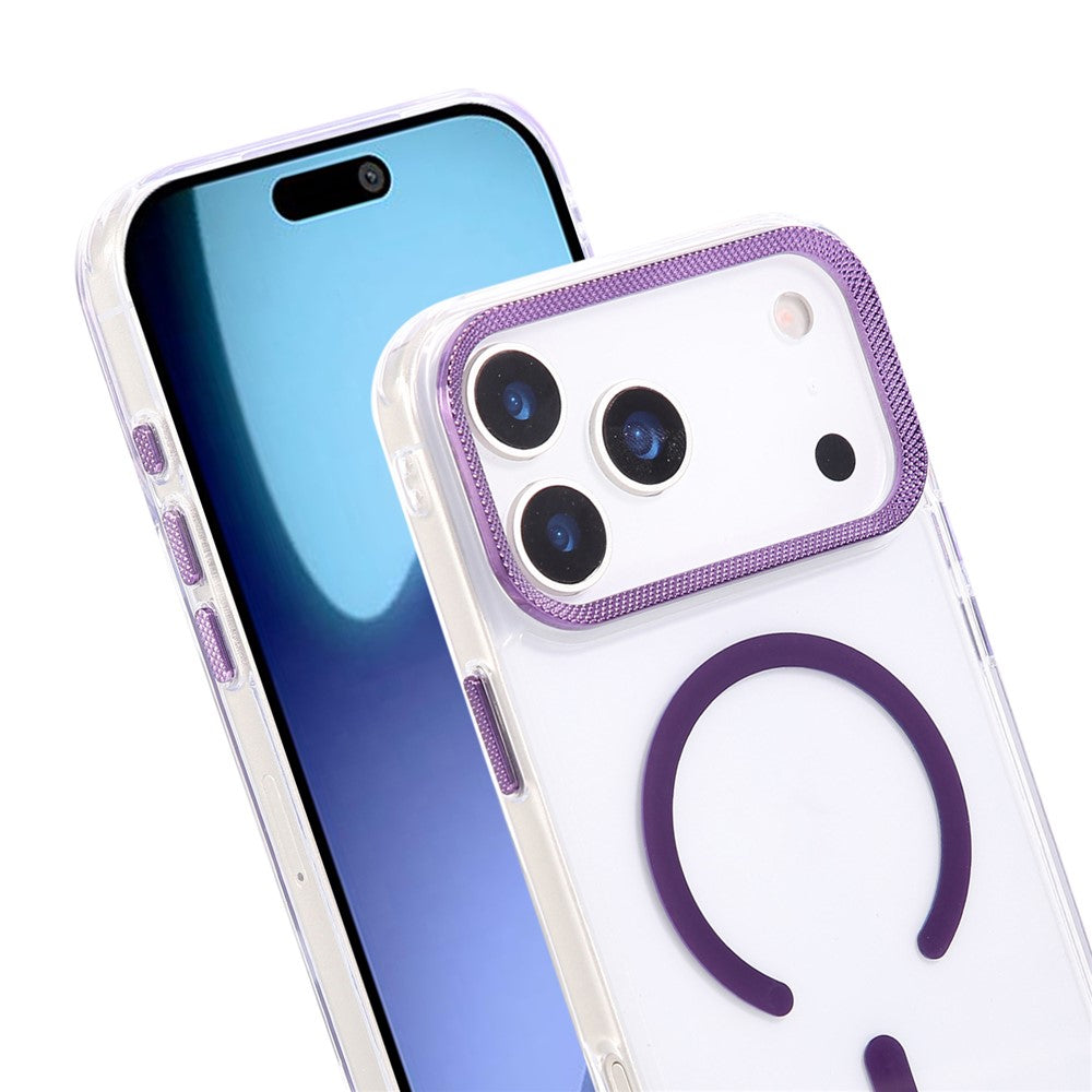 For iPhone 17 Pro Max Case Compatible with MagSafe PC + TPU Clear Phone Cover with Diamond Texture Lens Frame - Purple