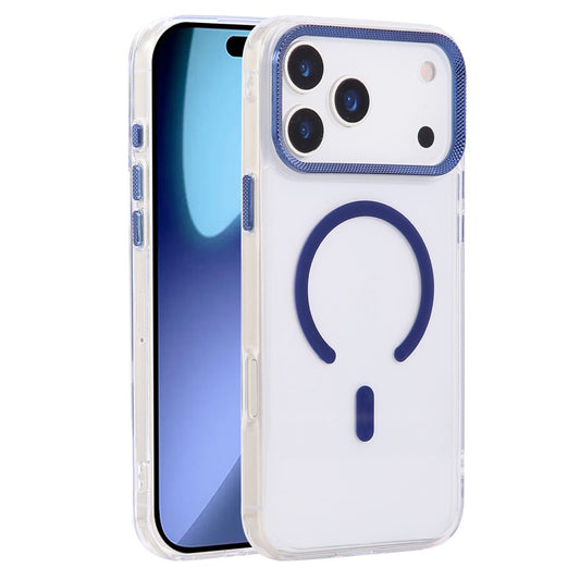For iPhone 17 Pro Max Case Compatible with MagSafe PC + TPU Clear Phone Cover with Diamond Texture Lens Frame - Blue