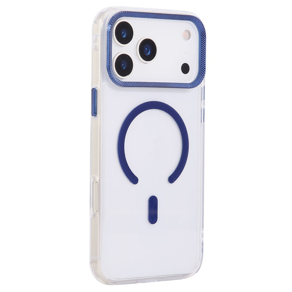 For iPhone 17 Pro Max Case Compatible with MagSafe PC + TPU Clear Phone Cover with Diamond Texture Lens Frame - Blue