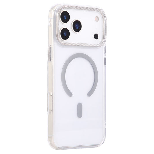For iPhone 17 Pro Max Case Compatible with MagSafe PC + TPU Clear Phone Cover with Diamond Texture Lens Frame - Grey