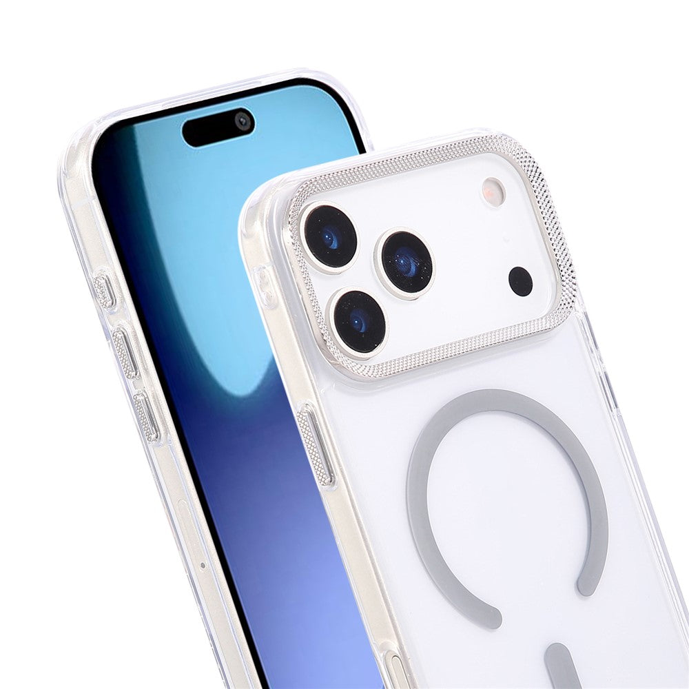 For iPhone 17 Pro Max Case Compatible with MagSafe PC + TPU Clear Phone Cover with Diamond Texture Lens Frame - Grey