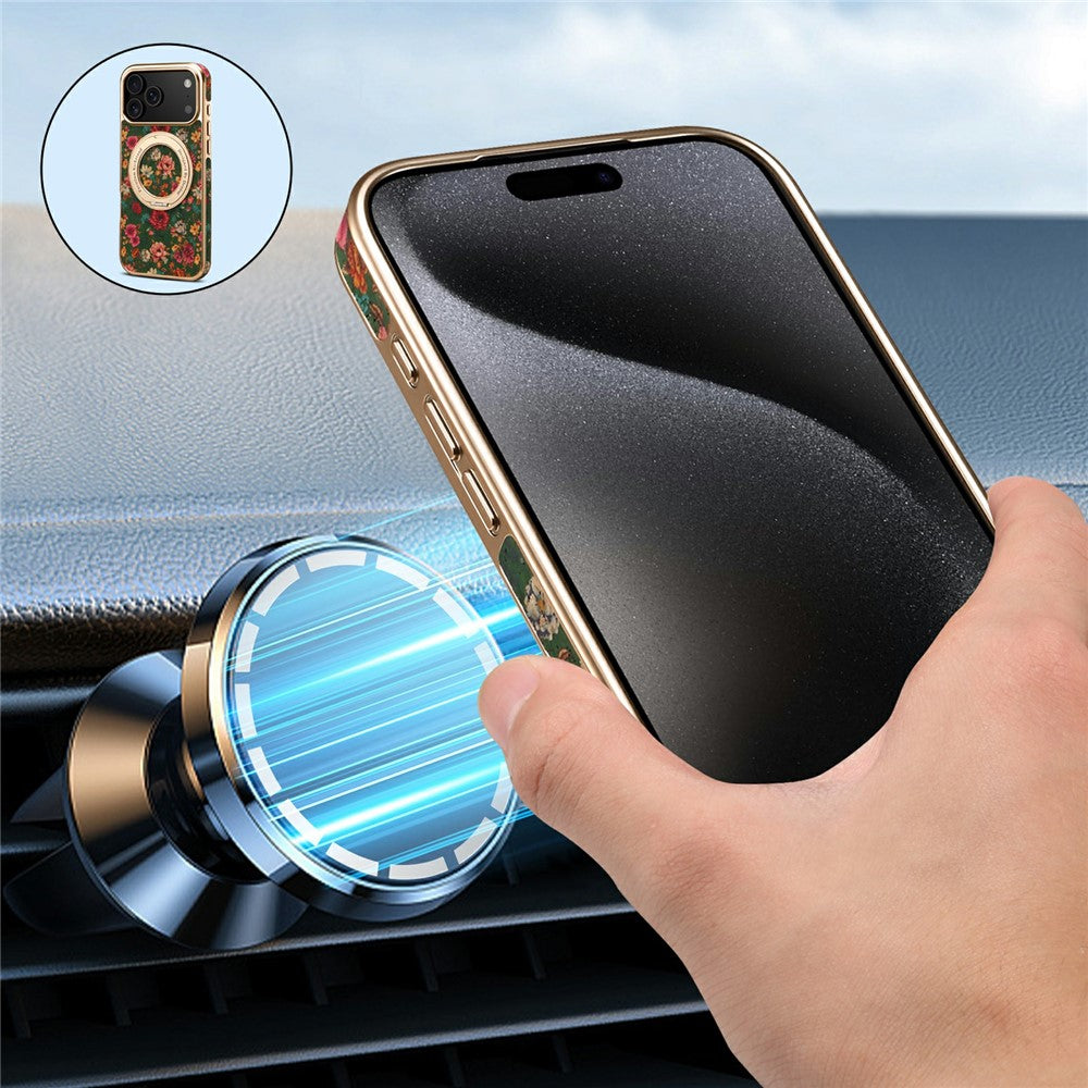 A22 For iPhone 17 Pro Max Case Compatible with MagSafe Kickstand Electroplated Floral Phone Cover - Green