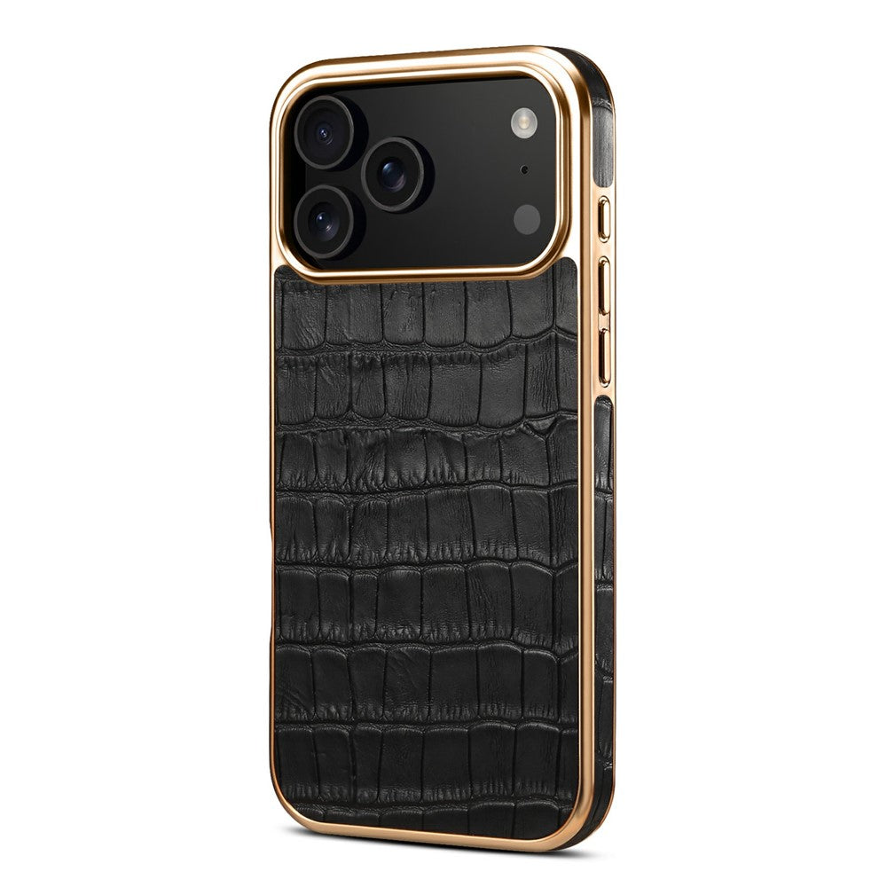 DENIOR For iPhone 17 Pro Max Case Genuine Cow Leather Crocodile Texture Electroplating Phone Cover - Black