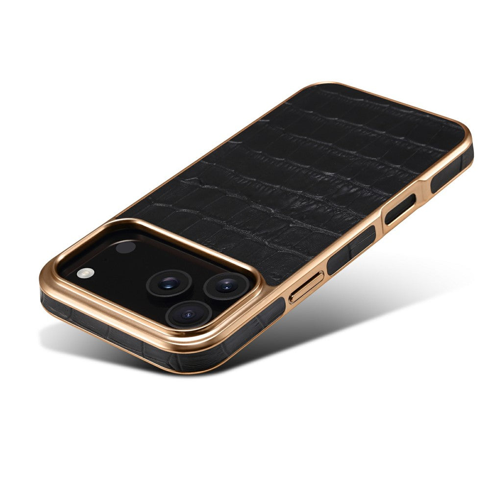 DENIOR For iPhone 17 Pro Max Case Genuine Cow Leather Crocodile Texture Electroplating Phone Cover - Black