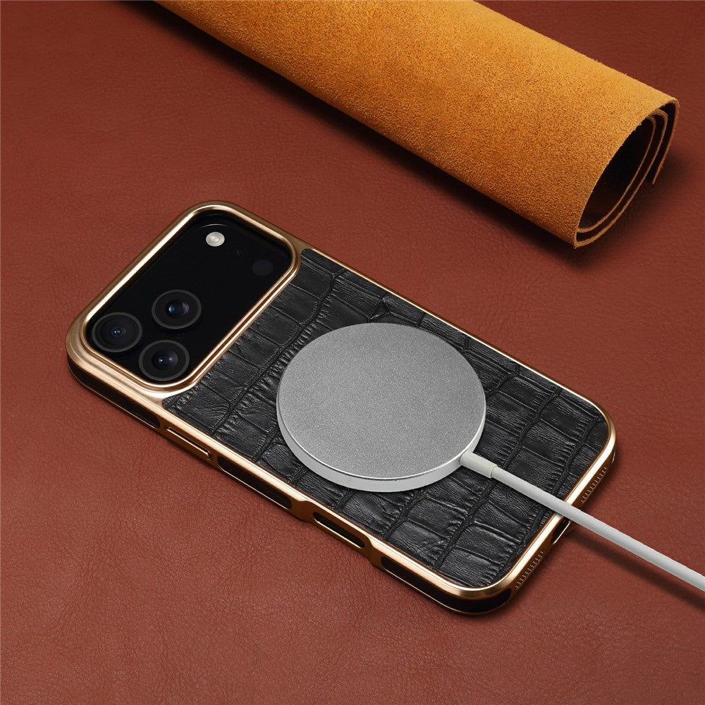 DENIOR For iPhone 17 Pro Max Case Genuine Cow Leather Crocodile Texture Electroplating Phone Cover - Black