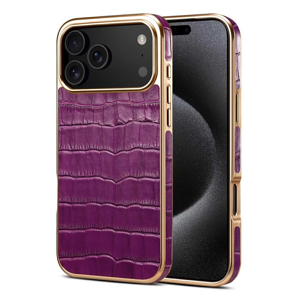DENIOR For iPhone 17 Pro Max Case Genuine Cow Leather Crocodile Texture Electroplating Phone Cover - Purple