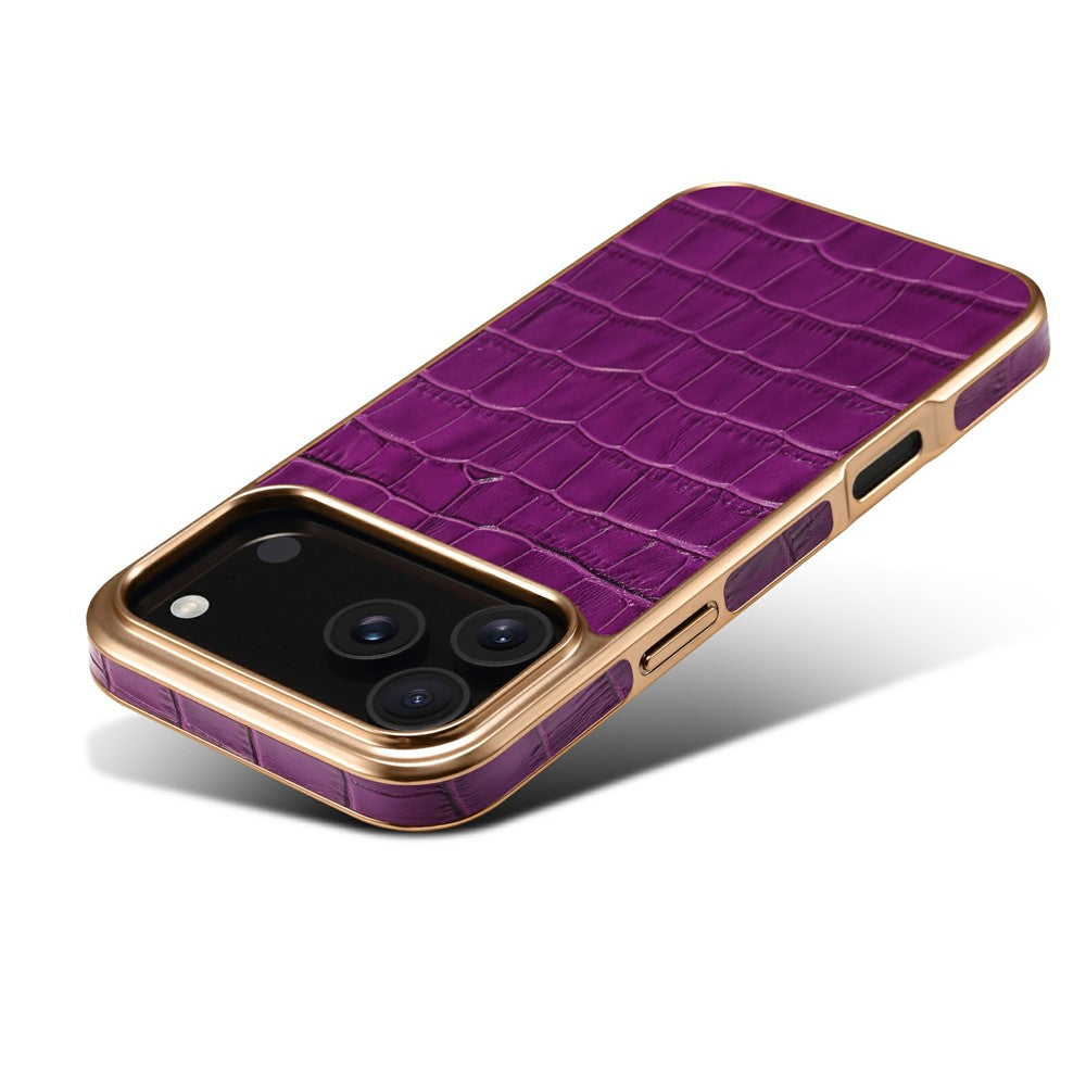 DENIOR For iPhone 17 Pro Max Case Genuine Cow Leather Crocodile Texture Electroplating Phone Cover - Purple