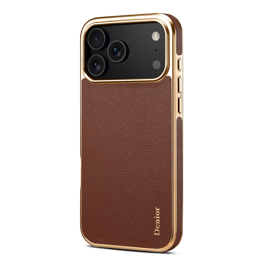 DENIOR For iPhone 17 Pro Max Case Genuine Cow Leather Coated PC + TPU Electroplating Phone Cover - Brown