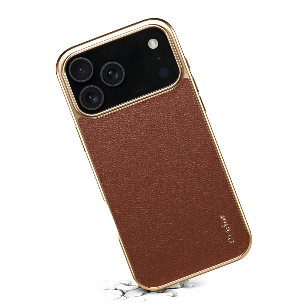 DENIOR For iPhone 17 Pro Max Case Genuine Cow Leather Coated PC + TPU Electroplating Phone Cover - Brown