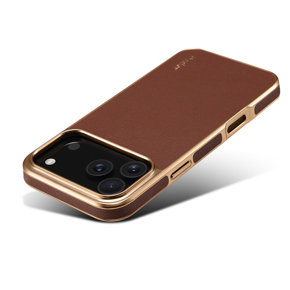 DENIOR For iPhone 17 Pro Max Case Genuine Cow Leather Coated PC + TPU Electroplating Phone Cover - Brown