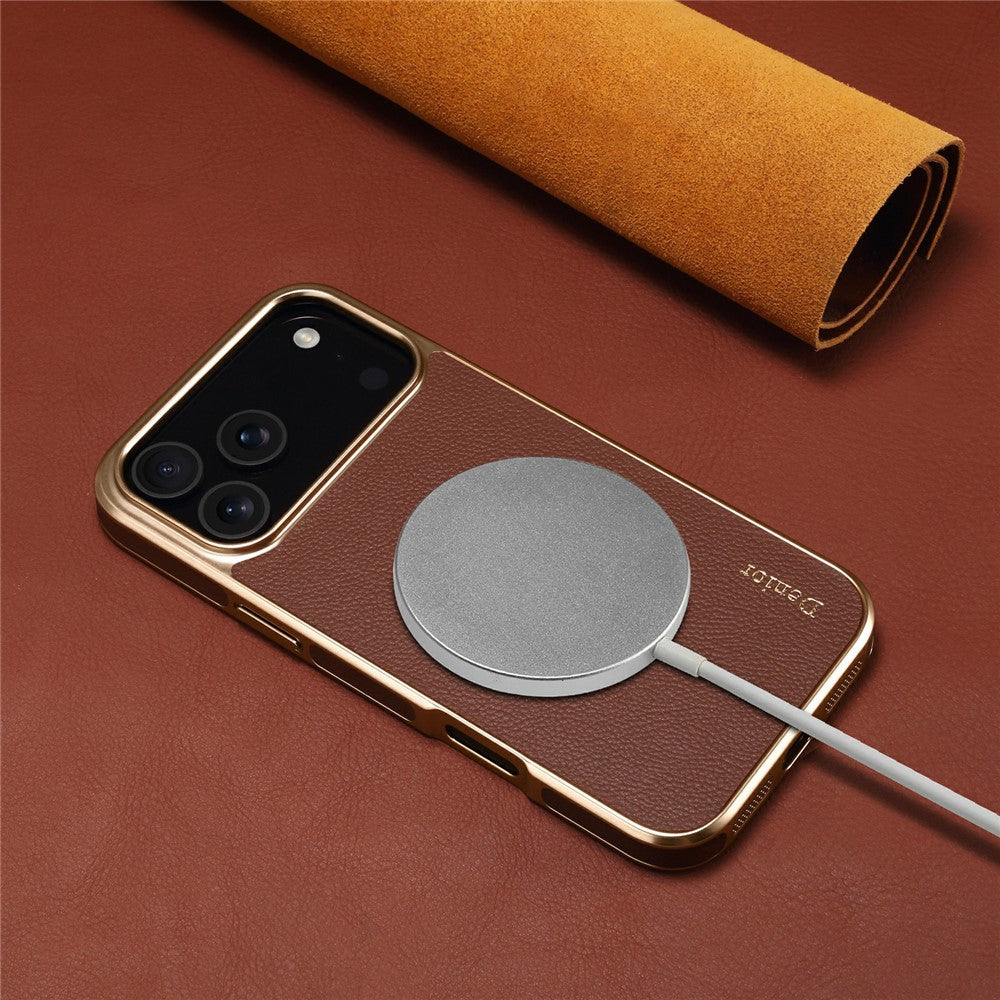 DENIOR For iPhone 17 Pro Max Case Genuine Cow Leather Coated PC + TPU Electroplating Phone Cover - Brown