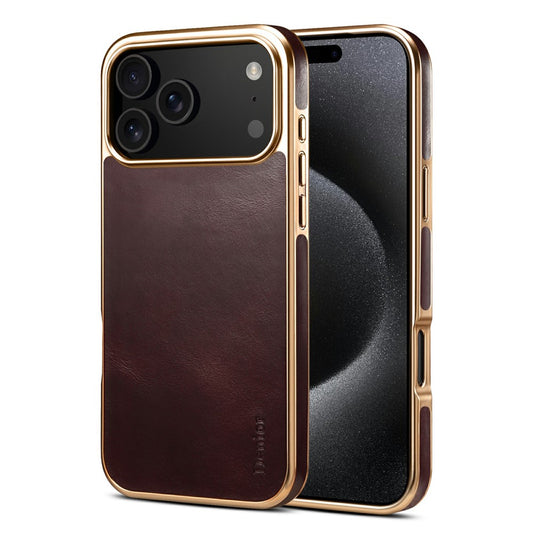 DENIOR A01 For iPhone 17 Pro Max Case Waxy Texture Genuine Cow Leather Electroplating Back Cover - Red