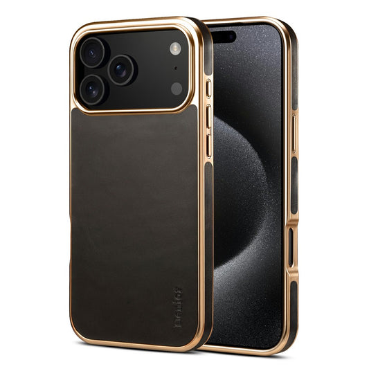 DENIOR A01 For iPhone 17 Pro Max Case Waxy Texture Genuine Cow Leather Electroplating Back Cover - Black